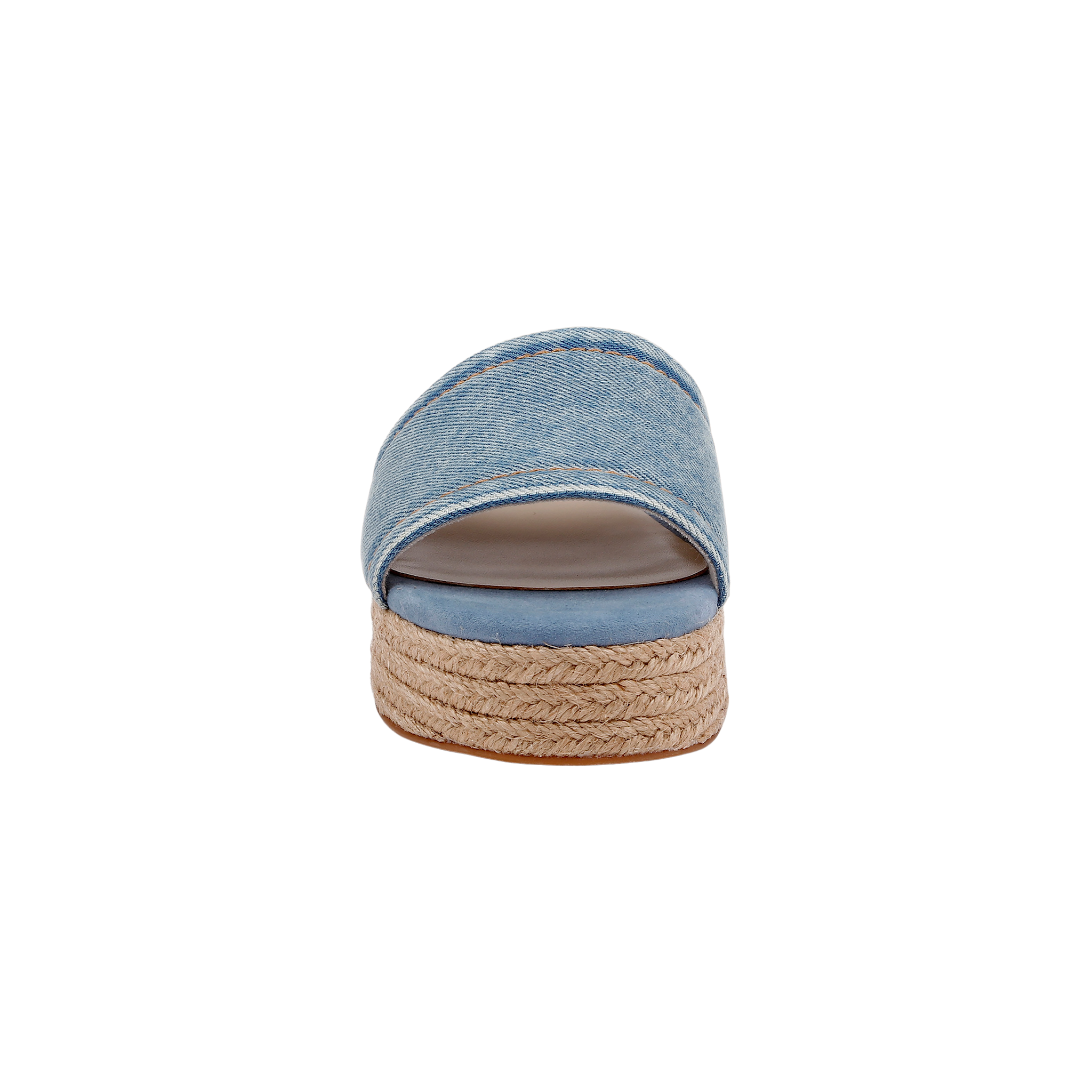 Front view of the Ramani Platform Espadrille, featuring a blue denim upper and a thick jute-wrapped platform sole, set against a plain white background.