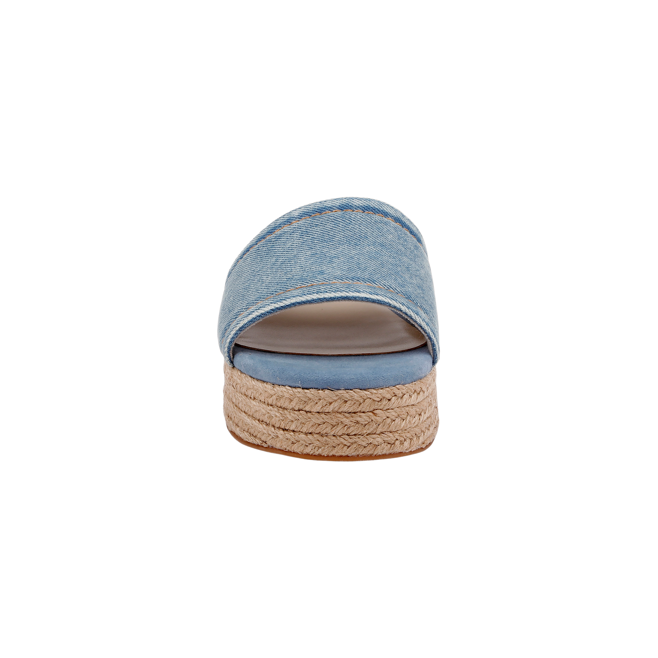 Front view of the Ramani Platform Espadrille, featuring a blue denim upper and a thick jute-wrapped platform sole, set against a plain white background.