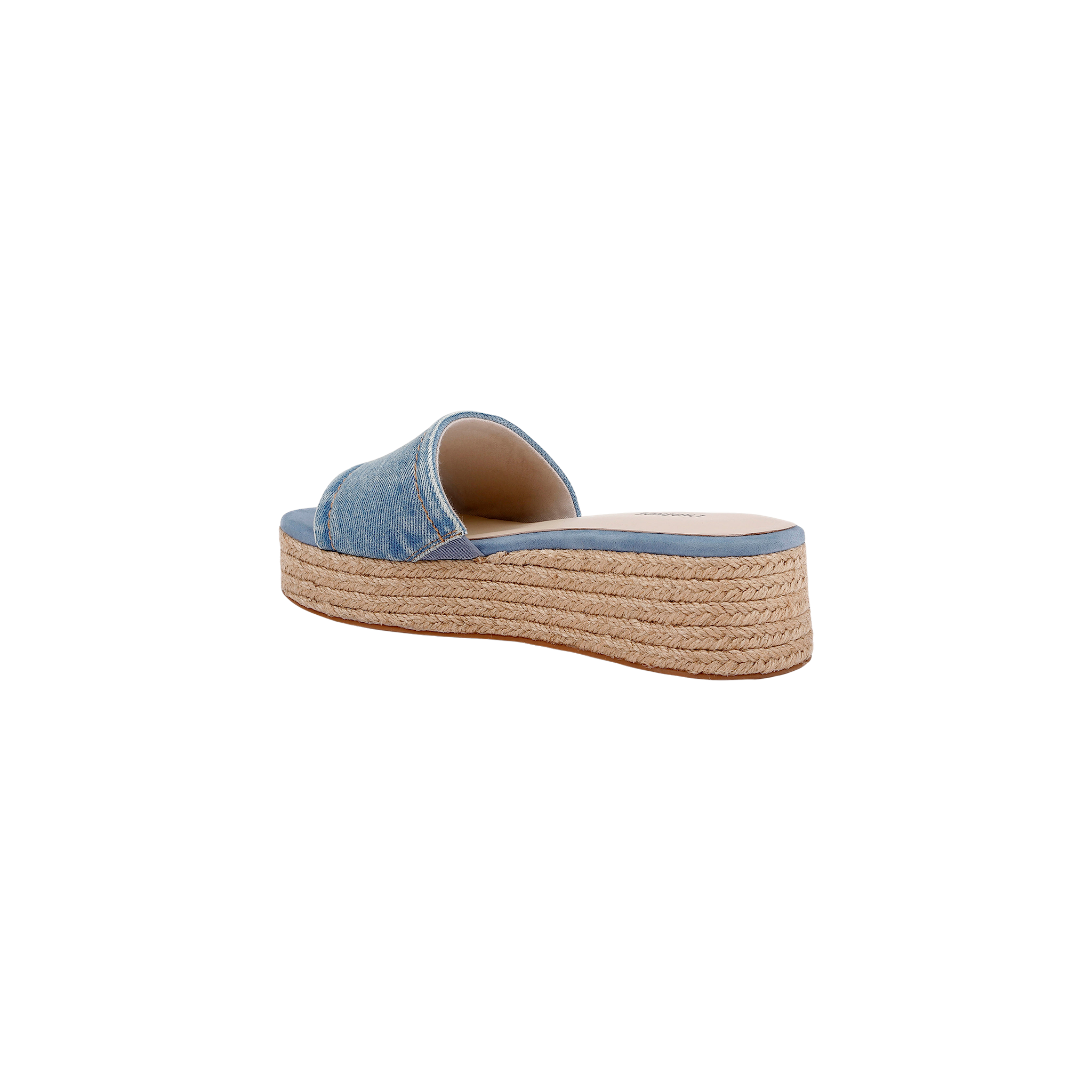 The Ramani Platform Espadrille features a denim upper, open toe, and woven platform espadrille sole. Shown from the back left against a white background, it’s perfect for warm-weather style.