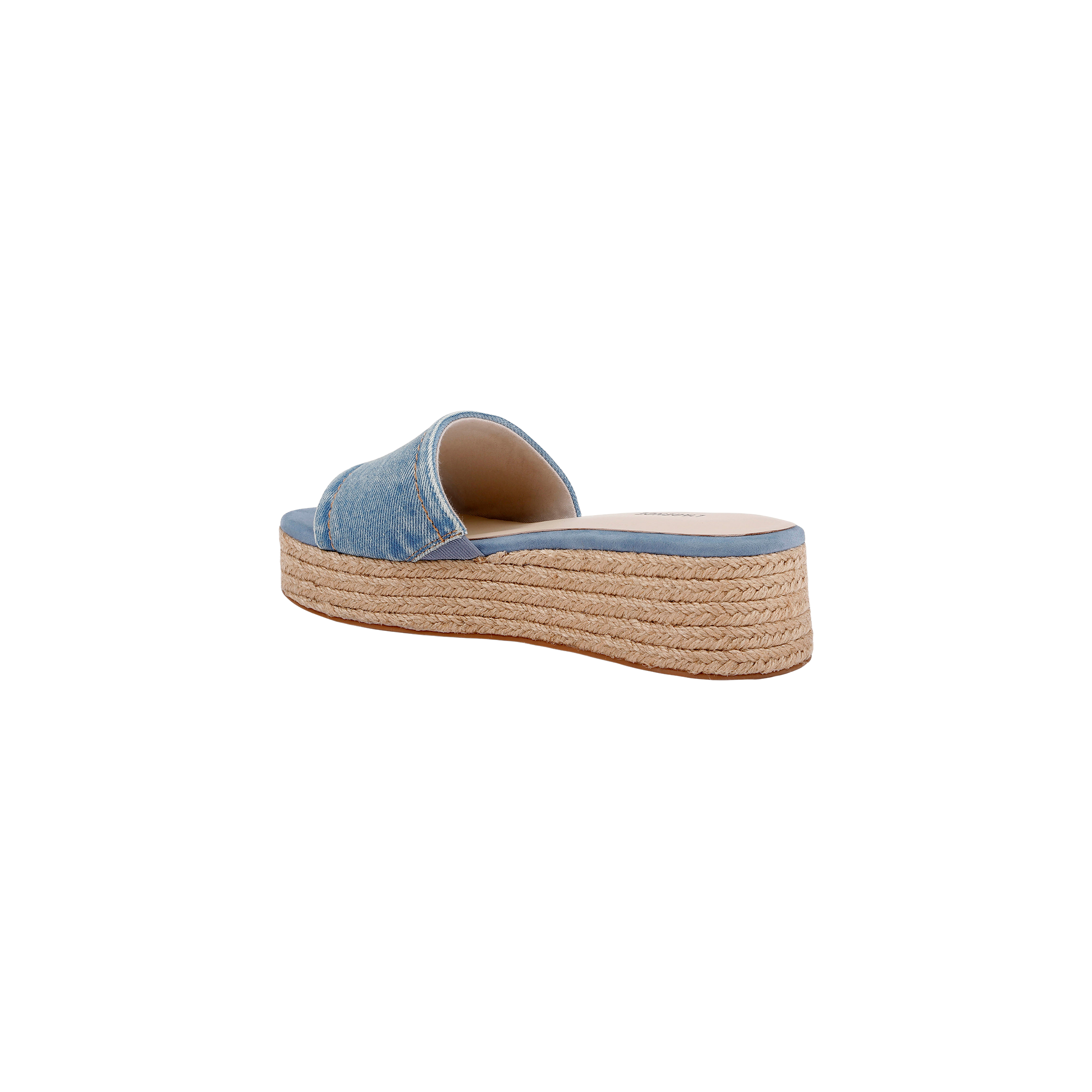 The Ramani Platform Espadrille features a denim upper, open toe, and woven platform espadrille sole. Shown from the back left against a white background, it’s perfect for warm-weather style.
