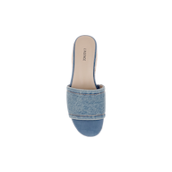 A single Ramani Platform Espadrille sandal with a blue denim upper, open toe, wide strap, and tan insole reading LA GENICE is shown from above on a white background—perfect for warm-weather style.