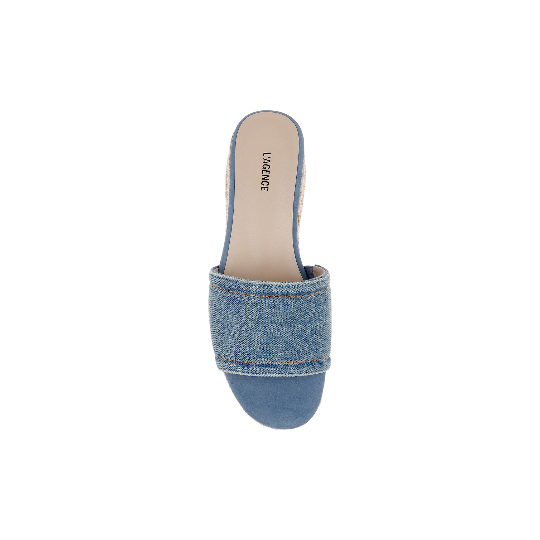A single Ramani Platform Espadrille sandal with a blue denim upper, open toe, wide strap, and tan insole reading LA GENICE is shown from above on a white background—perfect for warm-weather style.