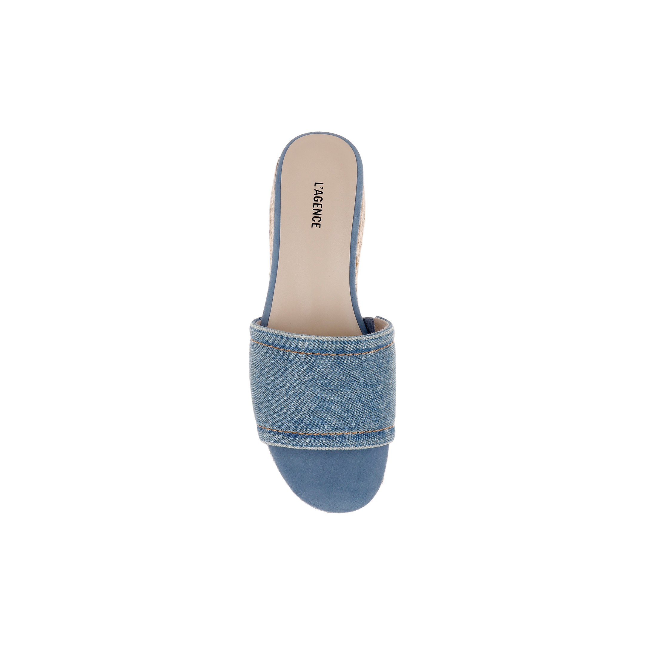 A single Ramani Platform Espadrille sandal with a blue denim upper, open toe, wide strap, and tan insole reading LA GENICE is shown from above on a white background—perfect for warm-weather style.