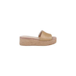 The Ramani Platform Espadrille features a beige woven raffia upper with a wide foot strap and a thick, rope-inspired platform sole, showcased against a plain white background—ideal for effortless warm-weather style.