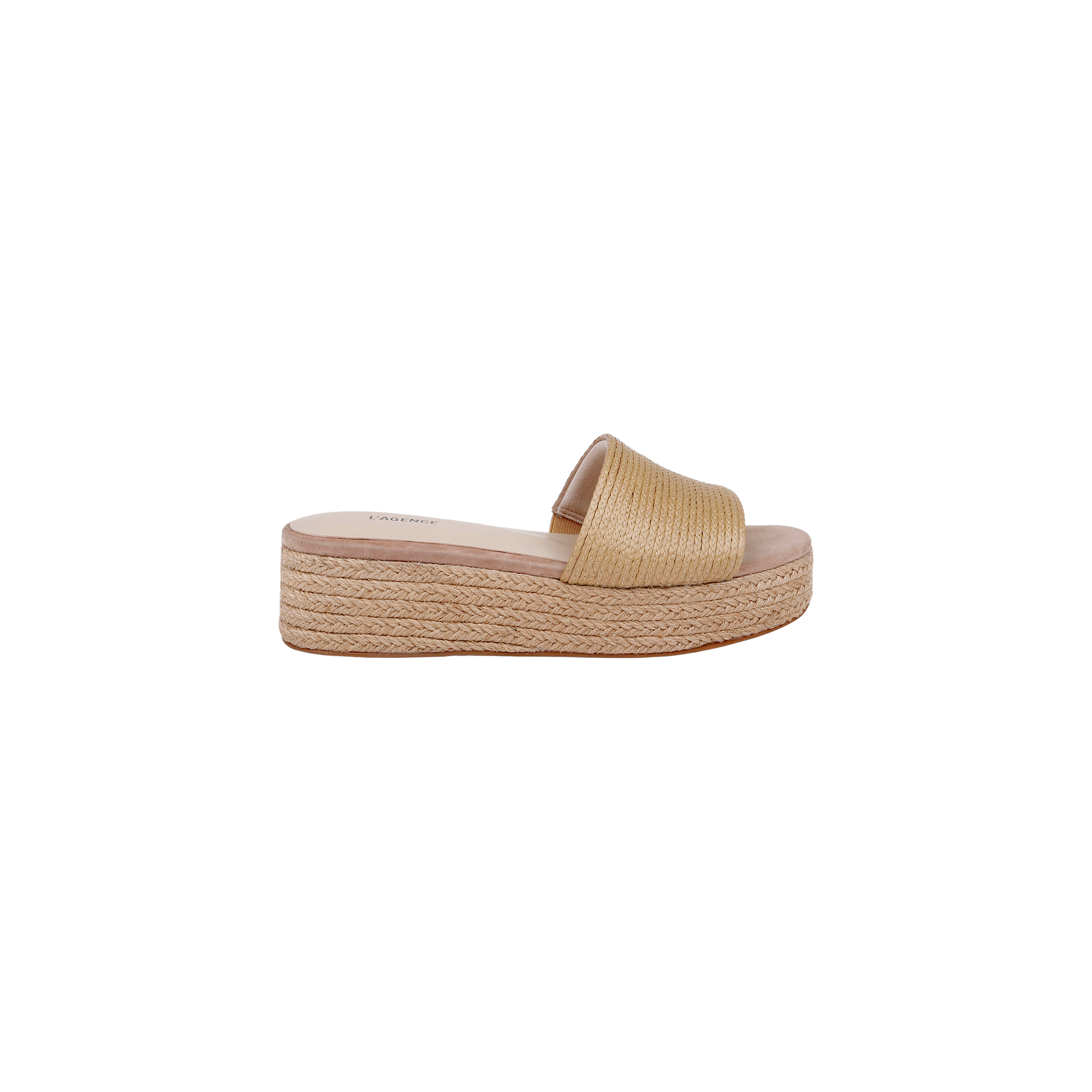 The Ramani Platform Espadrille features a beige woven raffia upper with a wide foot strap and a thick, rope-inspired platform sole, showcased against a plain white background—ideal for effortless warm-weather style.