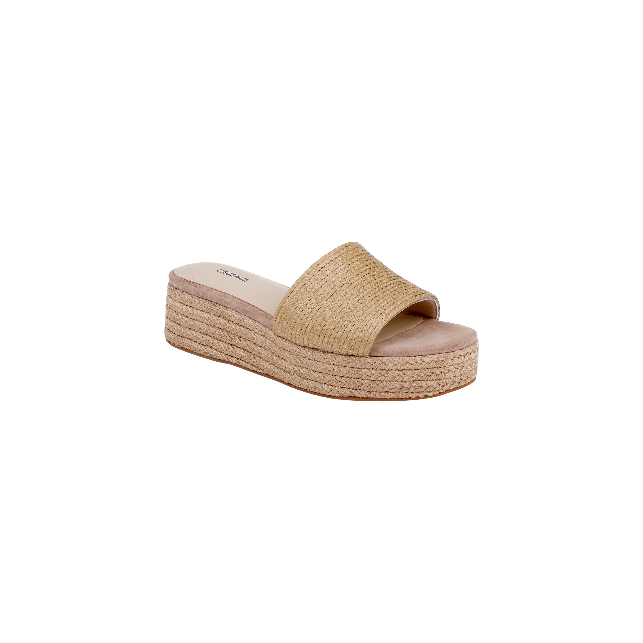 The Ramani Platform Espadrille is a beige slide sandal featuring a woven raffia upper strap and a thick, braided platform sole, expertly crafted for effortless warm-weather style against a plain white background.