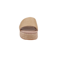 A front view of the Ramani Platform Espadrille, a beige woven slide sandal featuring a raffia upper and platform sole, perfect for warm-weather style, set against a white background.