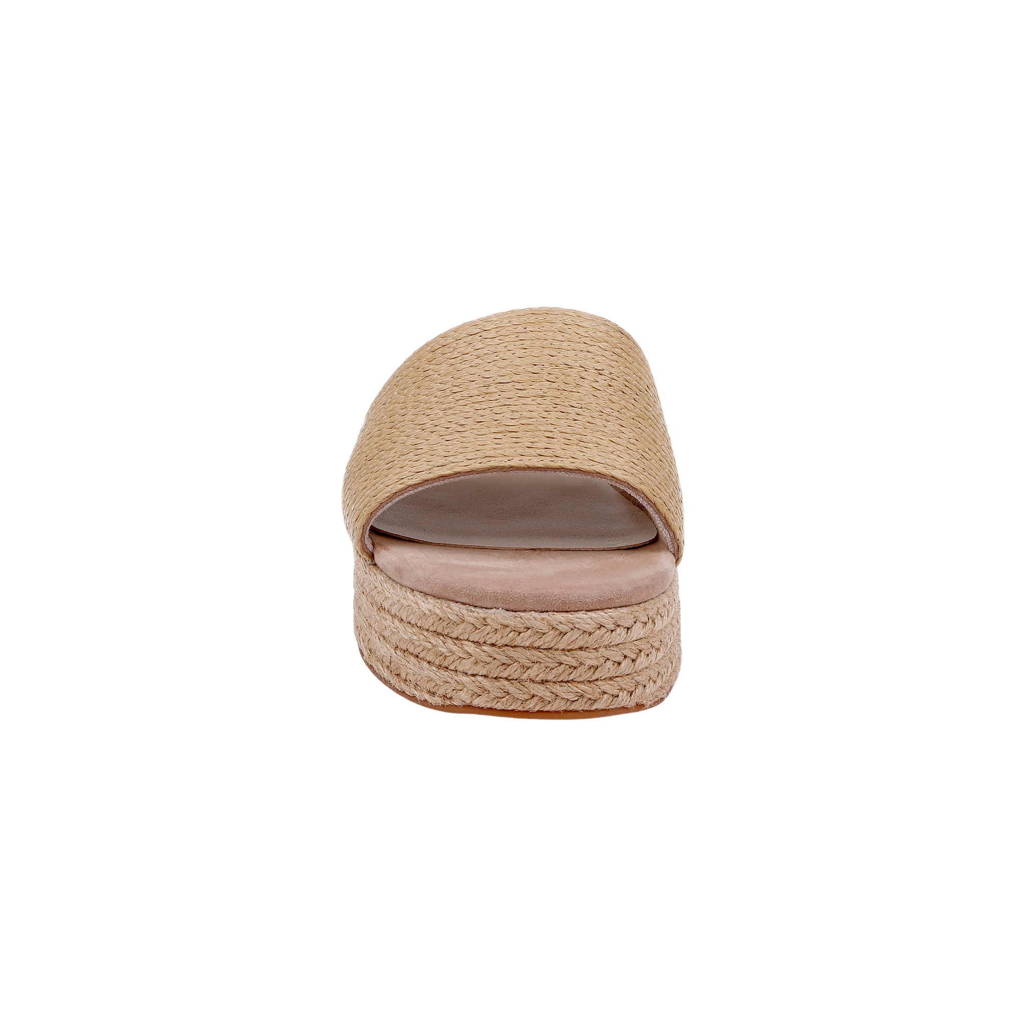 A front view of the Ramani Platform Espadrille, a beige woven slide sandal featuring a raffia upper and platform sole, perfect for warm-weather style, set against a white background.