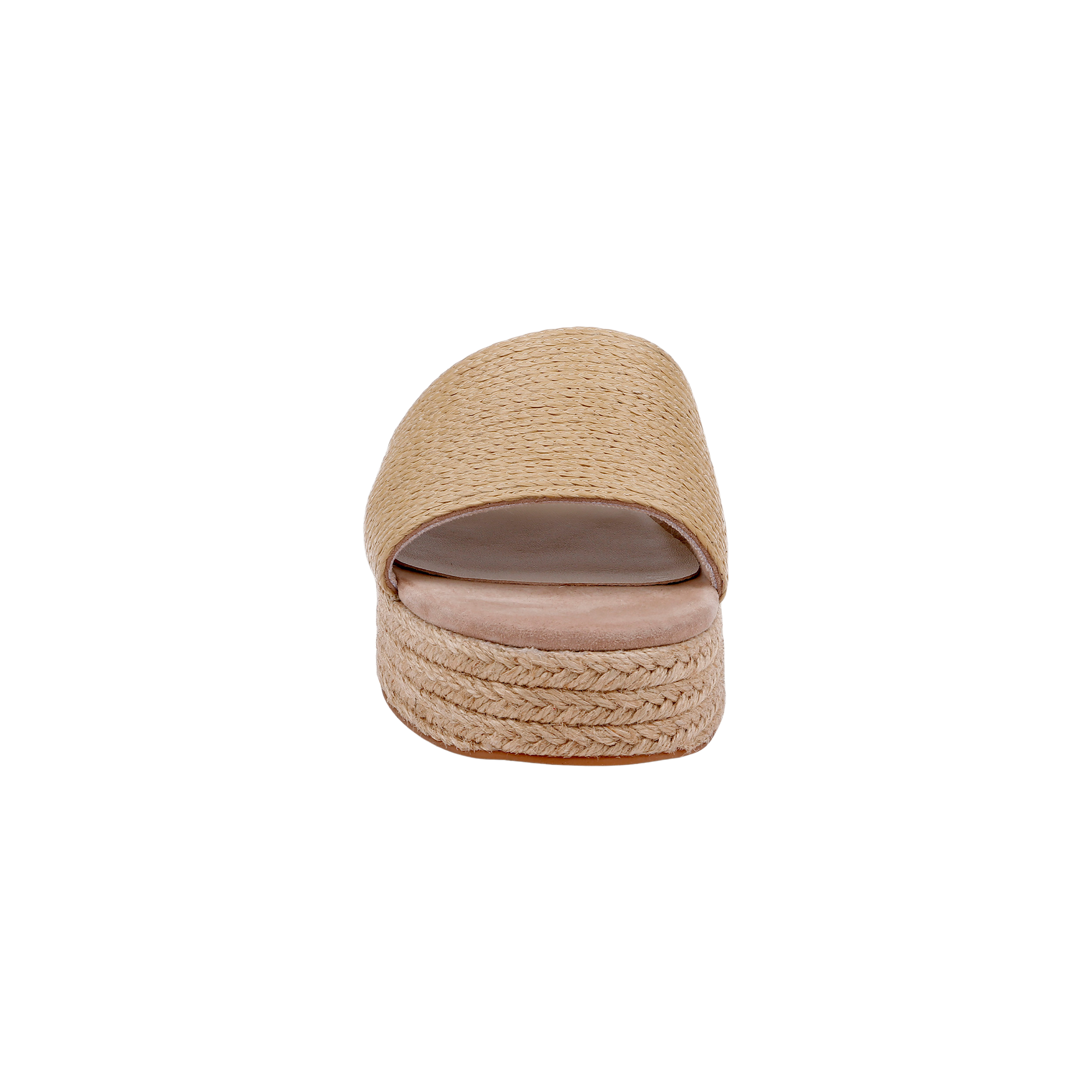 A front view of the Ramani Platform Espadrille, a beige woven slide sandal featuring a raffia upper and platform sole, perfect for warm-weather style, set against a white background.