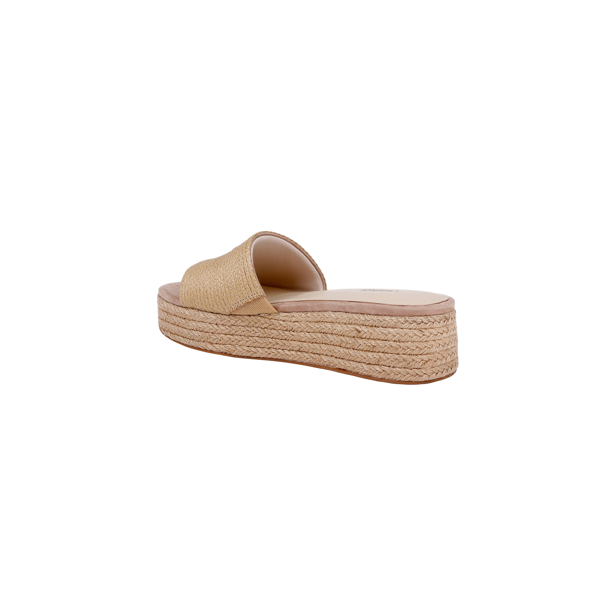 The Ramani Platform Espadrille features a tan woven design with a thick braided sole, raffia upper, open toe, and a single wide strap—ideal for effortless warm-weather style. Shown on a plain white background.