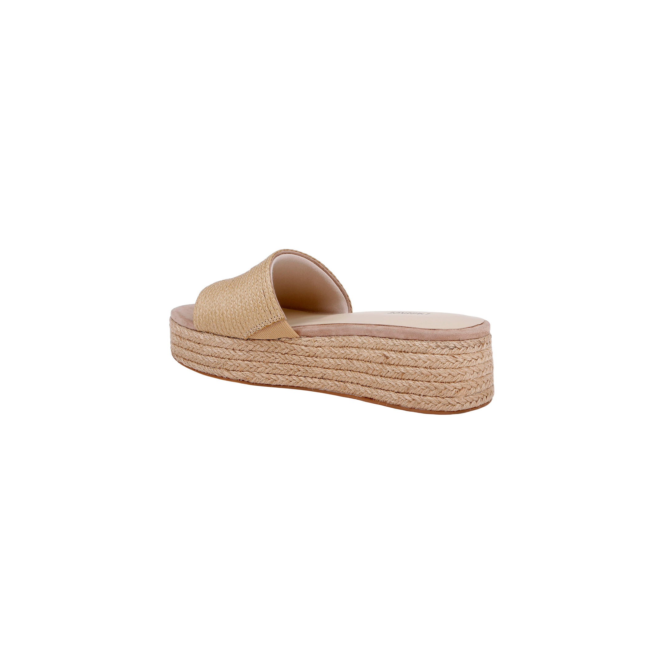 The Ramani Platform Espadrille features a tan woven design with a thick braided sole, raffia upper, open toe, and a single wide strap—ideal for effortless warm-weather style. Shown on a plain white background.