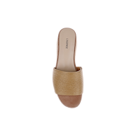 The Ramani Platform Espadrille, featuring a single wide textured raffia upper strap in tan and an open-toe design, is shown from above on a plain white background—perfect for effortless warm-weather style.