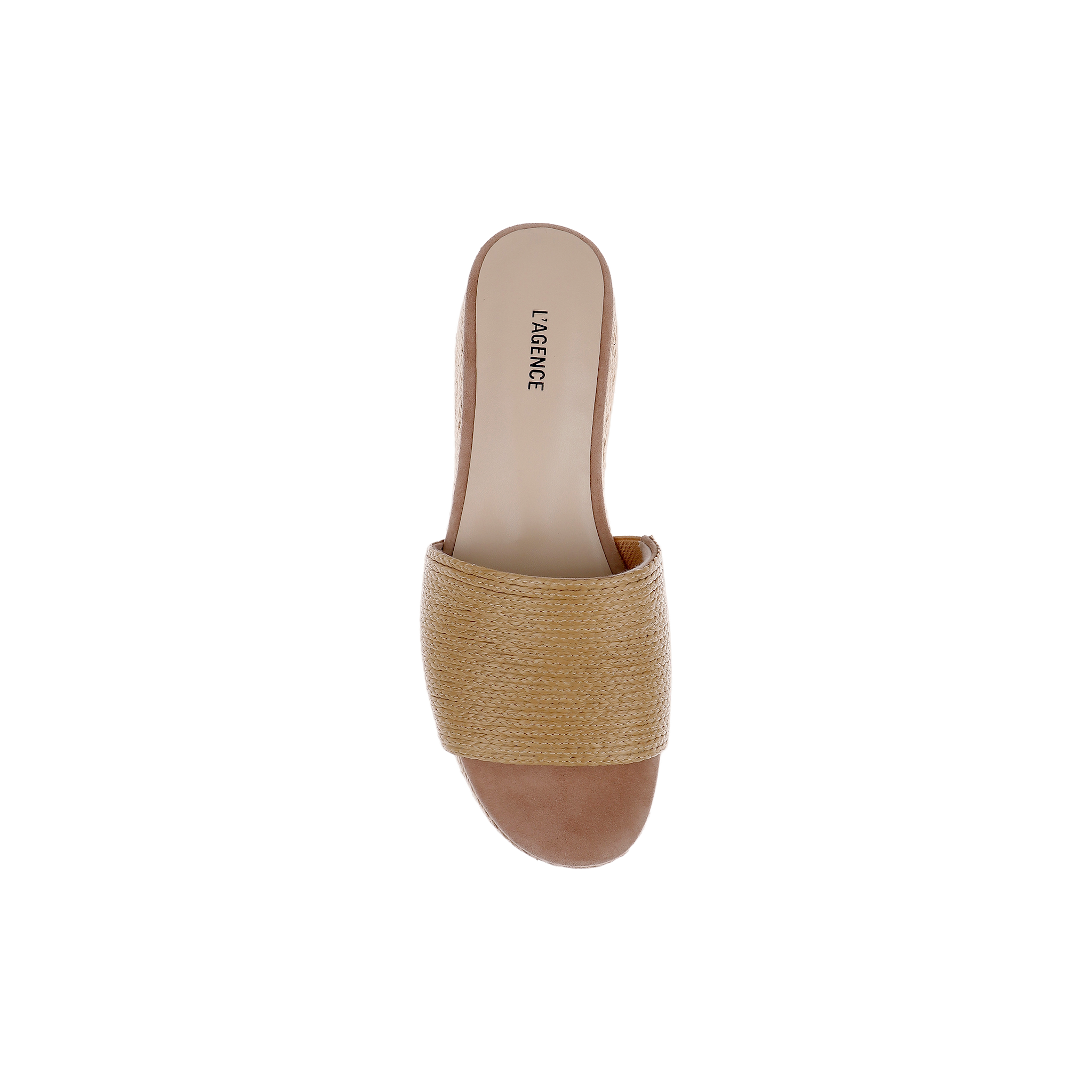 The Ramani Platform Espadrille, featuring a single wide textured raffia upper strap in tan and an open-toe design, is shown from above on a plain white background—perfect for effortless warm-weather style.