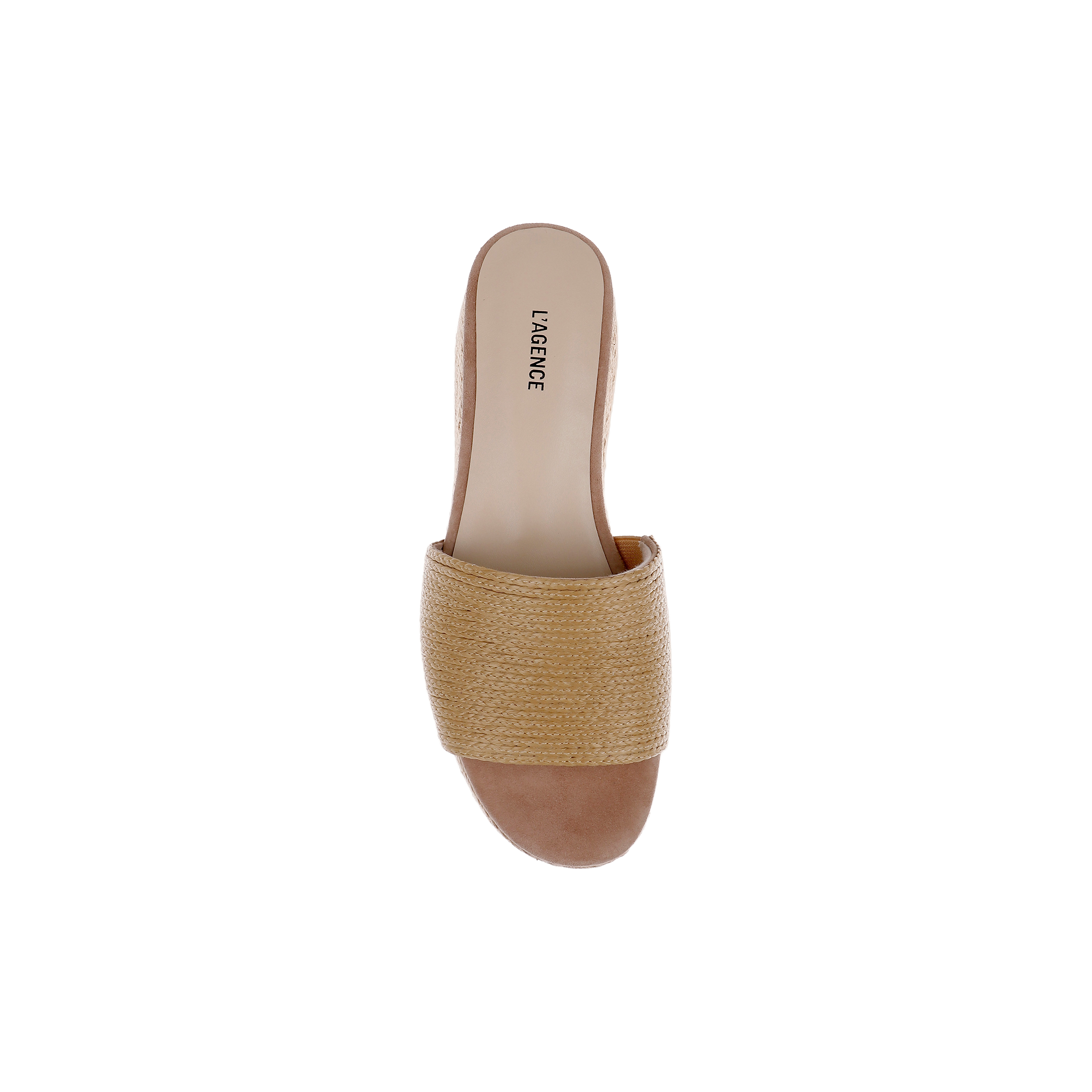 The Ramani Platform Espadrille, featuring a single wide textured raffia upper strap in tan and an open-toe design, is shown from above on a plain white background—perfect for effortless warm-weather style.