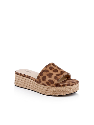 The Ramani Platform Espadrille features a tan and brown leopard print suede strap, open toe, and natural jute-wrapped sole—perfect for summer style. Shown on a white background.