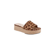The Ramani Platform Espadrille is a stylish flat slide sandal featuring a leopard print suede strap and a woven sole, making it perfect for effortless summer style. Shown on a white background.