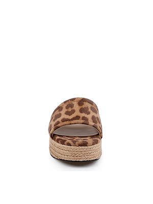 Front view of the Ramani Platform Espadrille, a womens sandal featuring a brown leopard suede strap and woven sole, ideal for summer style, displayed on a white background.