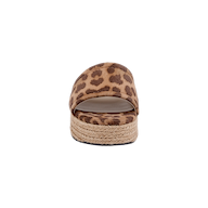 Front view of the Ramani Platform Espadrille, a women’s flat platform sandal showcasing a leopard-printed suede strap and a woven rope sole, displayed on a plain white background for effortless summer style.