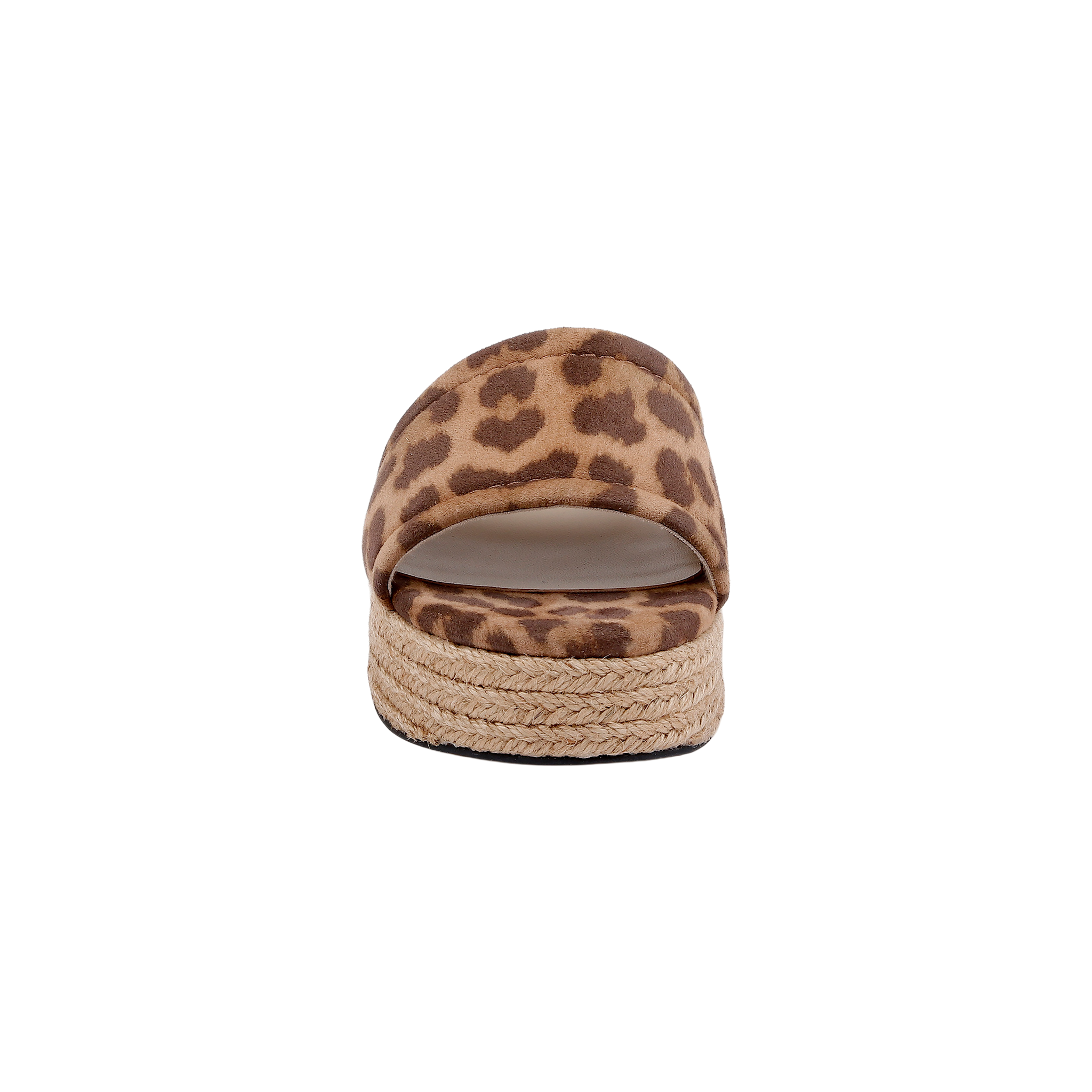Front view of the Ramani Platform Espadrille, a women’s flat platform sandal showcasing a leopard-printed suede strap and a woven rope sole, displayed on a plain white background for effortless summer style.