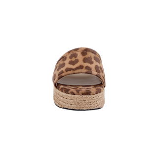 Front view of the Ramani Platform Espadrille, featuring a brown and tan leopard-printed suede strap and a woven jute sole, displayed on a white background—perfect for effortless summer style.