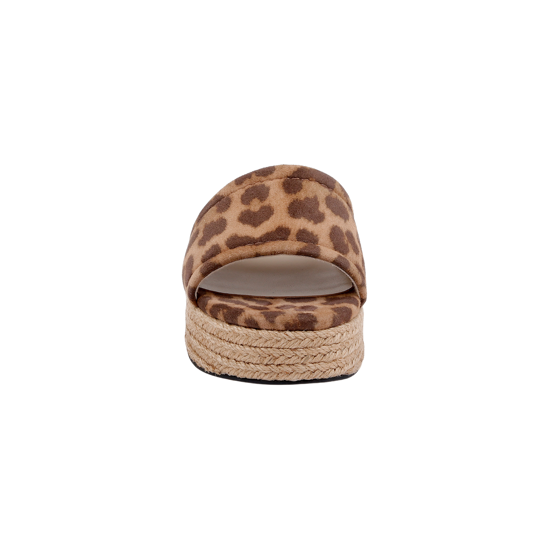 Front view of the Ramani Platform Espadrille, a women’s flat platform sandal showcasing a leopard-printed suede strap and a woven rope sole, displayed on a plain white background for effortless summer style.