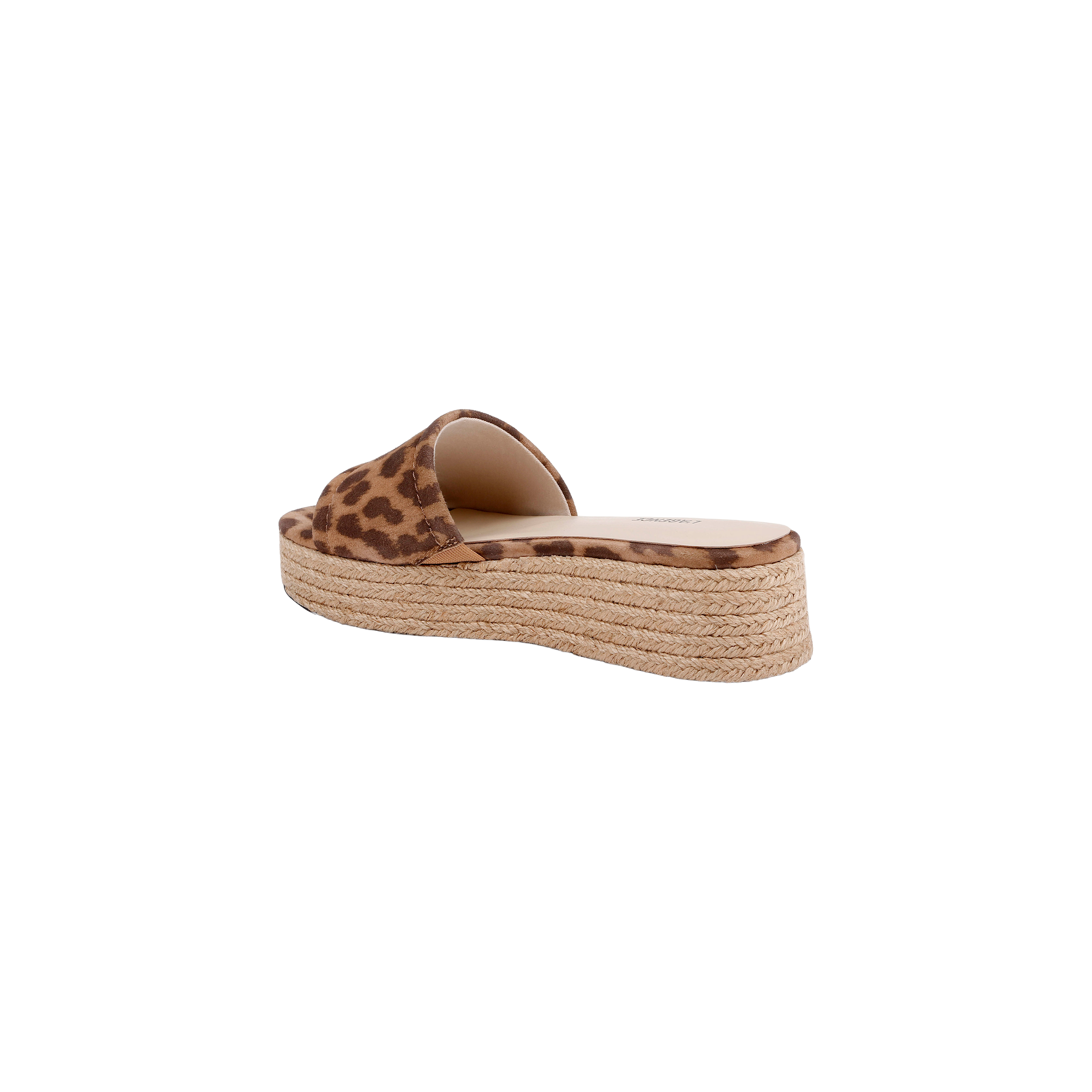 The Ramani Platform Espadrille features a single flat platform slide design with a leopard-printed suede upper and a thick woven jute sole, shown from the back angle on a white background—ideal for summer style.