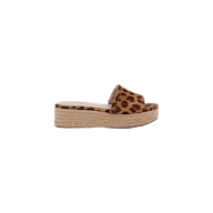 The Ramani Platform Espadrille features a single flat platform design with a tan and black leopard print suede strap and a woven jute sole, displayed on a white background—perfect for effortless summer style.