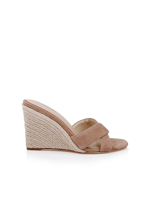 The Rosaline Wedge Espadrille features tan suede, an open toe, wide crisscross straps, a jute-wrapped platform heel, and a memory foam insole. Displayed on a white background.