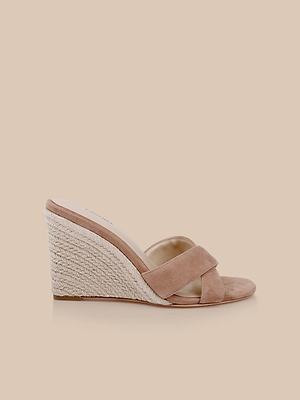 The Rosaline Wedge Espadrille features a tan suede finish, two wide straps, a braided jute platform heel, and a comfy memory foam insole for all-day support. Displayed on a light beige background.