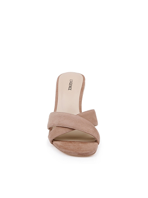 A front view of the Rosaline Wedge Espadrille, a beige open-toe sandal with thick crisscross straps and a cushioned insole, photographed on a white background.