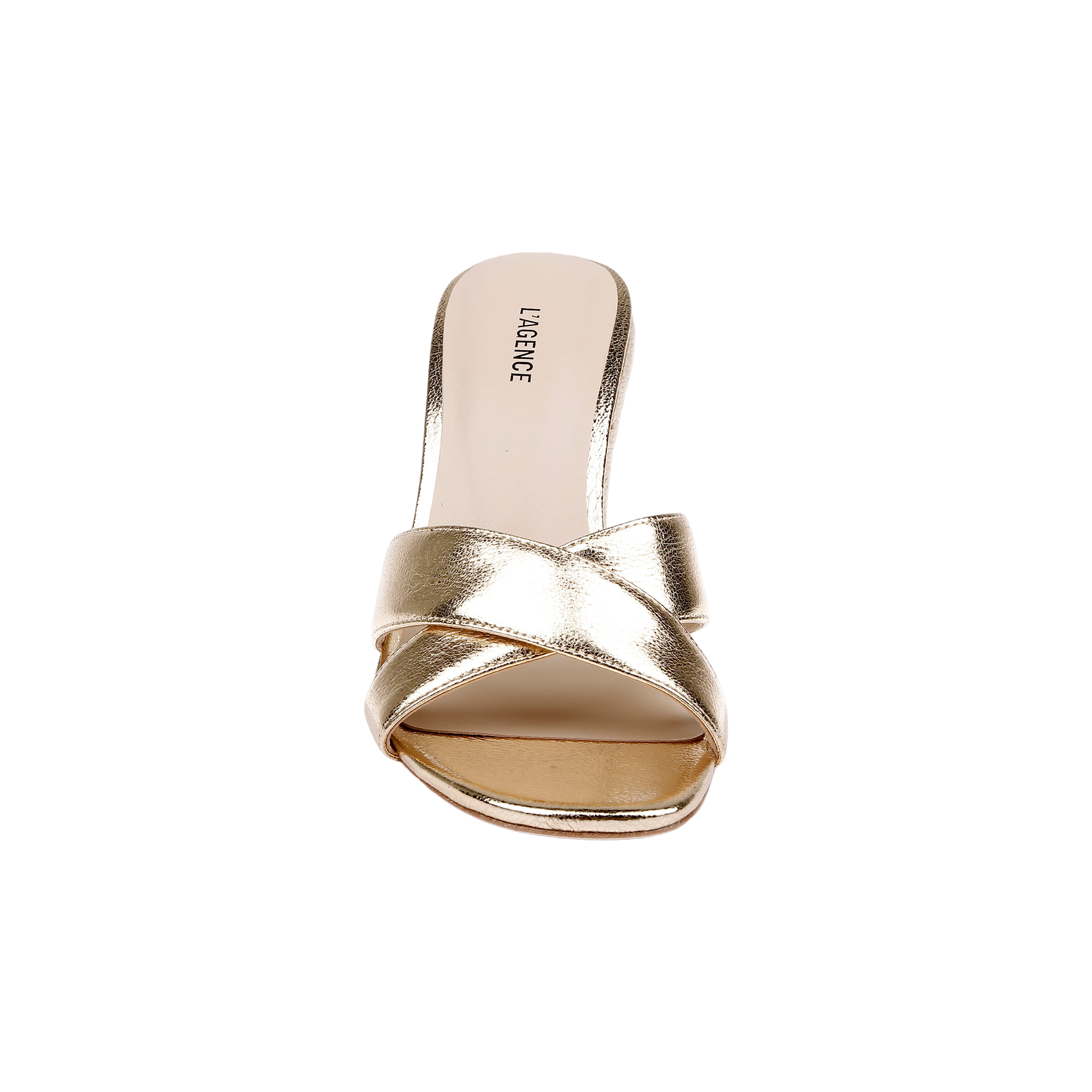 A gold leather, open-toe heeled sandal called the Rosaline Wedge Espadrille, featuring crisscross straps and “LAURENCE” printed on the memory foam insole, photographed on a white background.