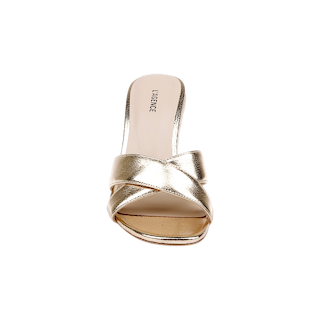 A top-down view of the Rosaline Wedge Espadrille—a gold, open-toe, slip-on sandal featuring criss-cross straps in crackle-effect gold leather and a light-colored insole—displayed against a white background.