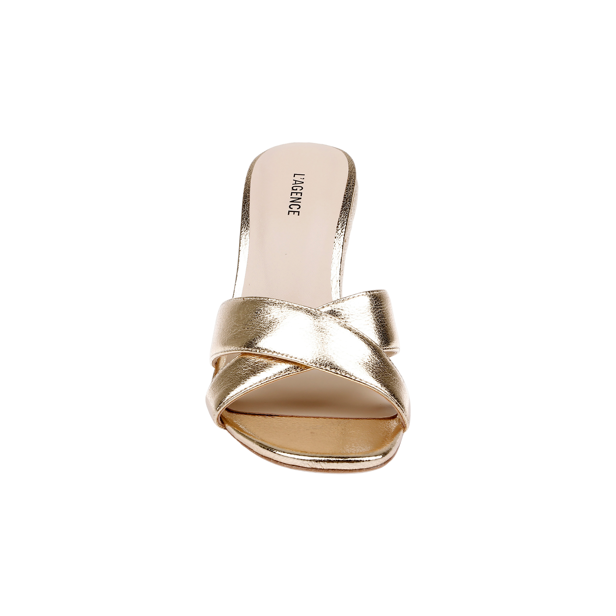 A gold leather, open-toe heeled sandal called the Rosaline Wedge Espadrille, featuring crisscross straps and “LAURENCE” printed on the memory foam insole, photographed on a white background.
