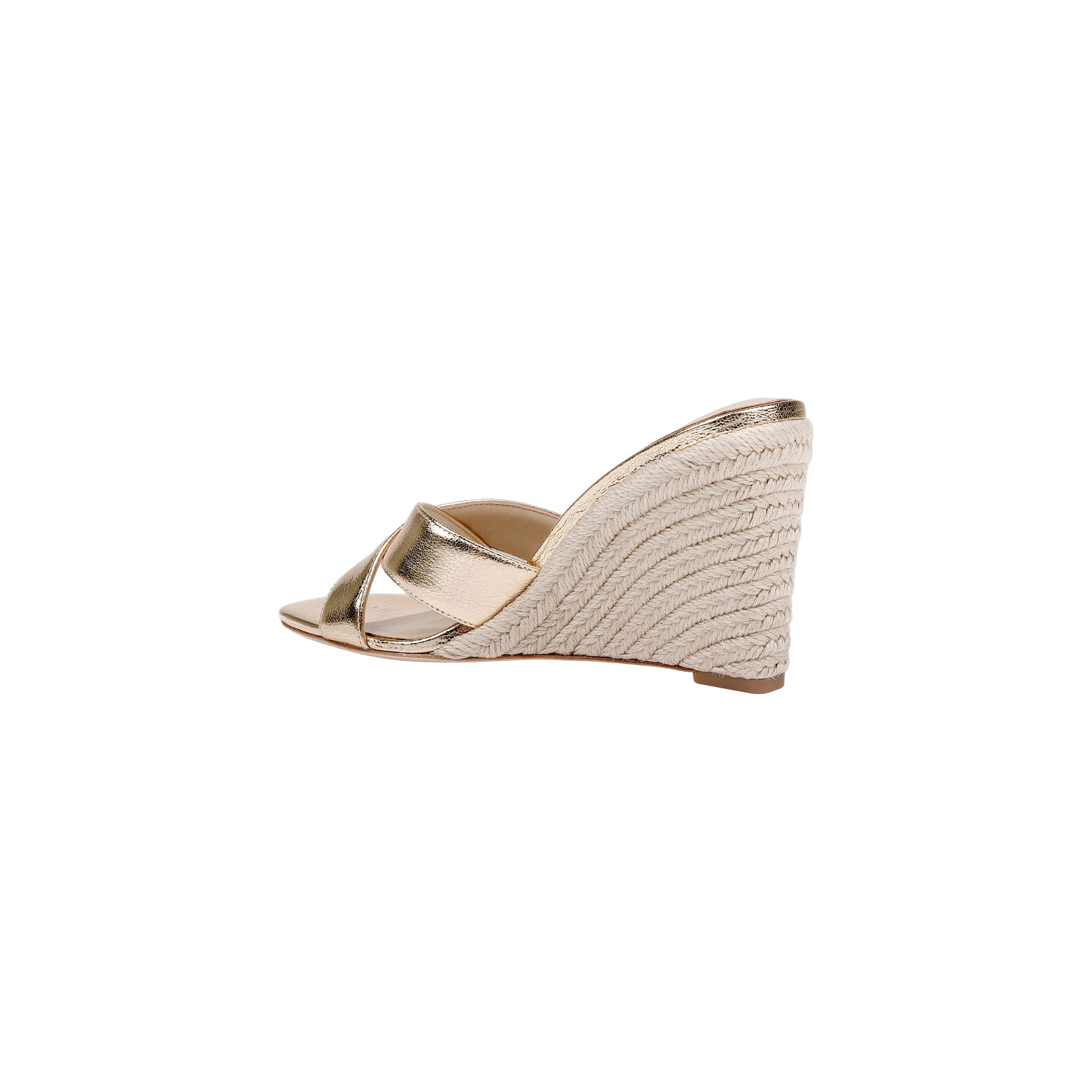 The Rosaline Wedge Espadrille is a gold leather sandal featuring an open toe, crisscross straps, a woven espadrille wedge heel, and a comfortable memory foam insole, displayed on a plain white background.