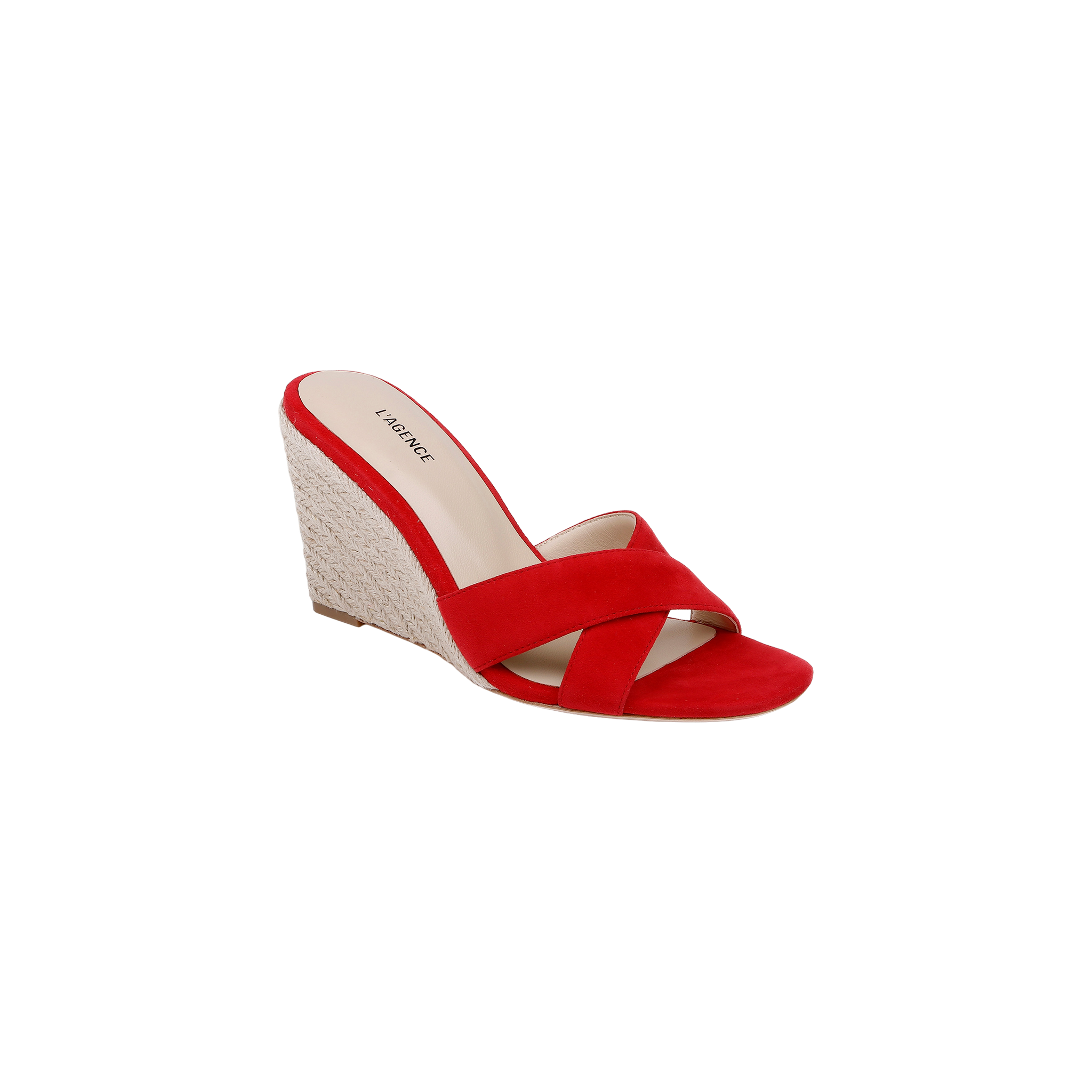 The Rosaline Wedge Espadrille is a red suede sandal with crisscross straps and a woven platform heel, featuring a memory foam insole for added comfort, shown against a plain white background.