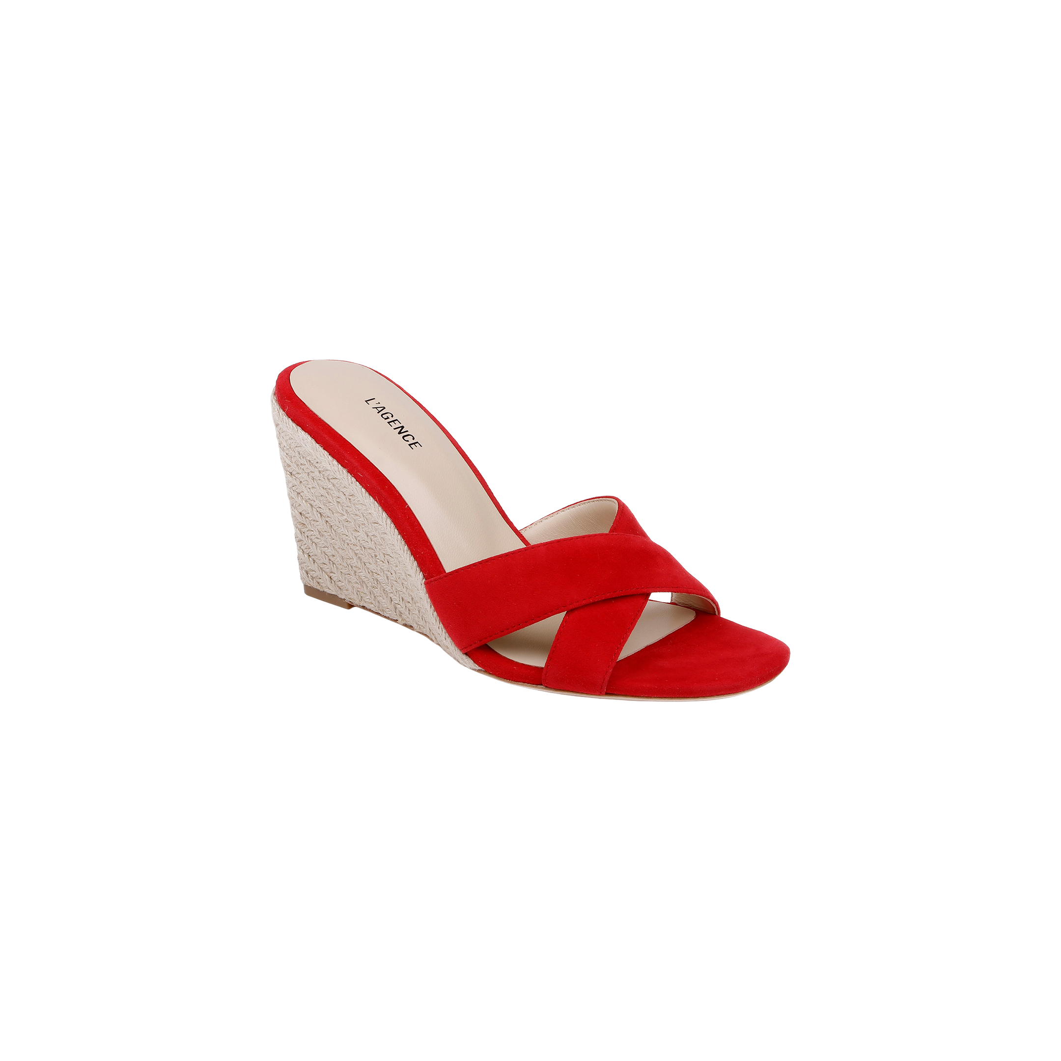 The Rosaline Wedge Espadrille is a red suede sandal with crisscross straps and a woven platform heel, featuring a memory foam insole for added comfort, shown against a plain white background.