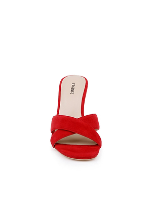 Front view of the Rosaline Wedge Espadrille, a red suede open-toe slip-on sandal with criss-cross vamp straps and a beige insole. Lifestride is printed on the insole near the heel.