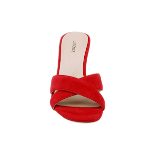 The Rosaline Wedge Espadrille is a single red suede open-toe slide sandal featuring a crisscross strap design and a beige memory foam insole, displayed from the front against a plain white background.