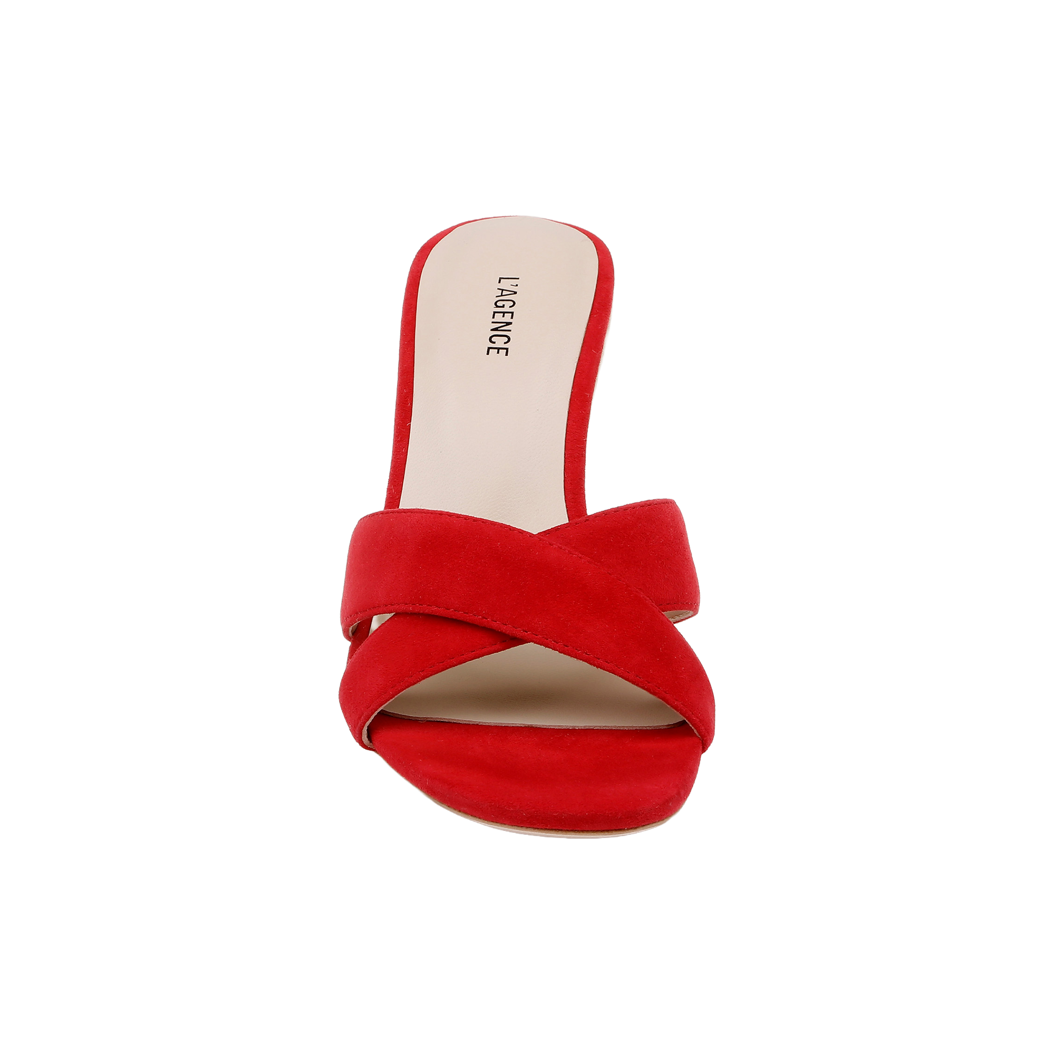 A red slip-on wedge espadrille featuring wide crisscross red suede straps and an open toe, with a beige insole marked LAGENCE near the heel. Product name: Rosaline Wedge Espadrille.