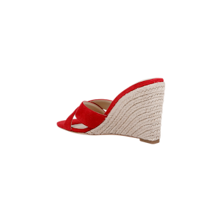 The Rosaline Wedge Espadrille is shown from the side on a white background, featuring red suede crisscross straps, an espadrille-style woven platform heel, and a comfortable memory foam insole.