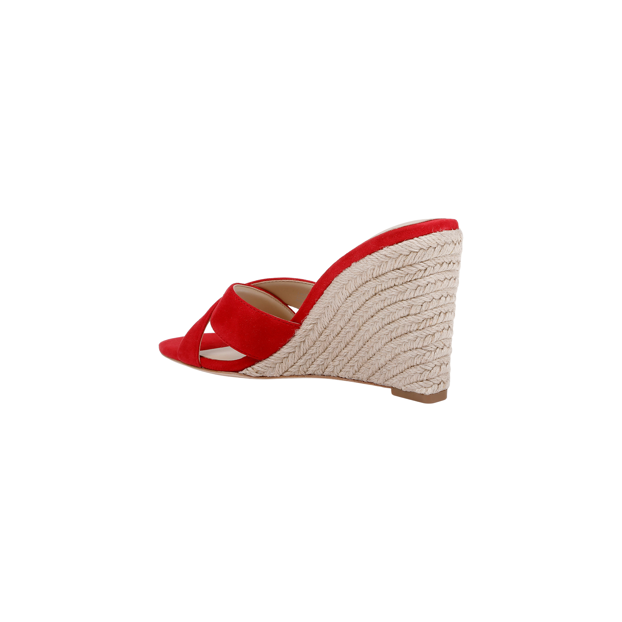 The Rosaline Wedge Espadrille, showcased from the side against a plain white background, features crisscross red suede straps and an espadrille-style woven platform wedge heel, complete with a comfortable memory foam insole.