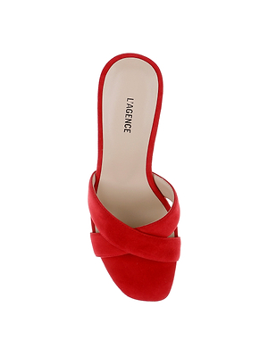 The Rosaline Wedge Espadrille is a red suede open-toe mule sandal with a criss-cross vamp, tan insole, and L’AGENCE branding on the footbed, displayed from above on a white background.