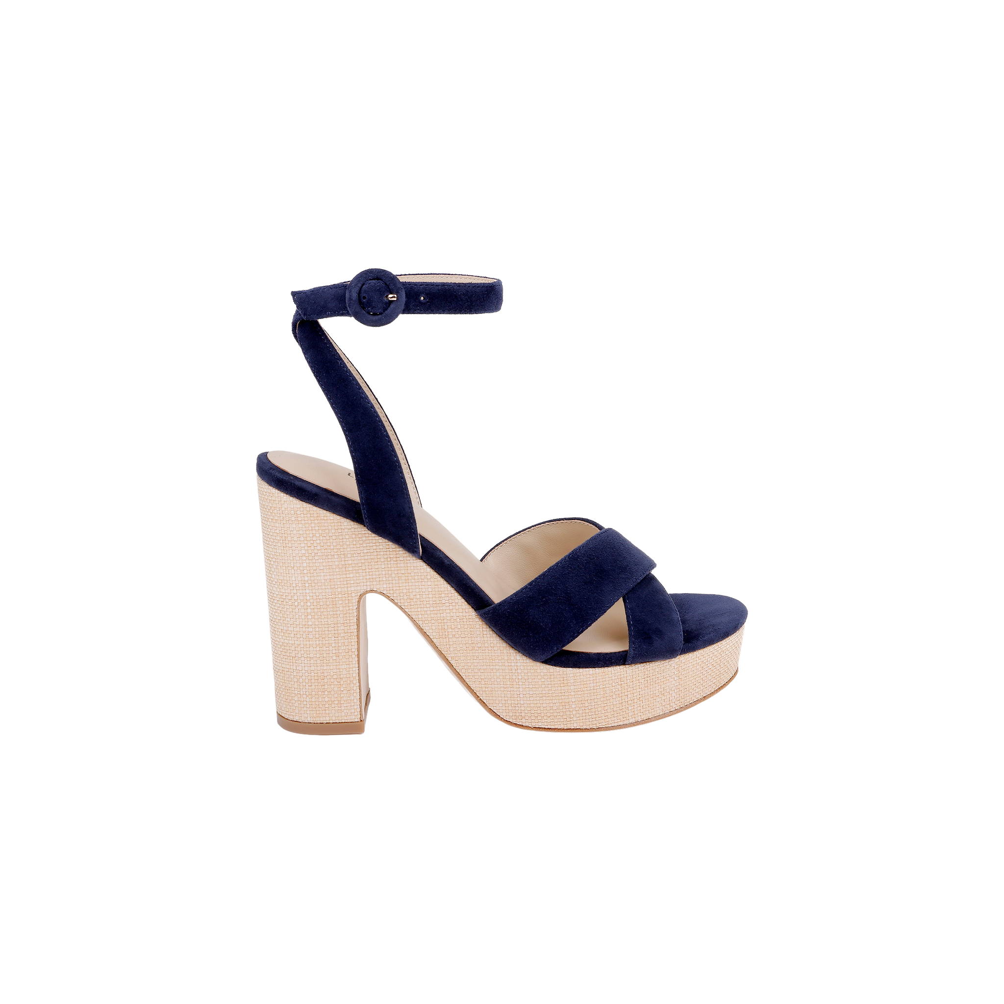 The Sandrine Platform Sandal features navy blue velvet, a thick high heel, an ankle strap with buckle, and a beige raffia-wrapped wedge base, displayed in profile against a plain white background.