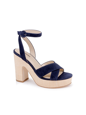 The Sandrine Platform Sandal features navy suede, a chunky heel, beige textured platform, crisscross toe straps, and an adjustable ankle buckle.