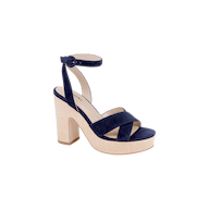The Sandrine Platform Sandal features navy suede straps, an ankle strap with a buckle, and a chunky beige raffia-wrapped wedge heel for a stylish look.