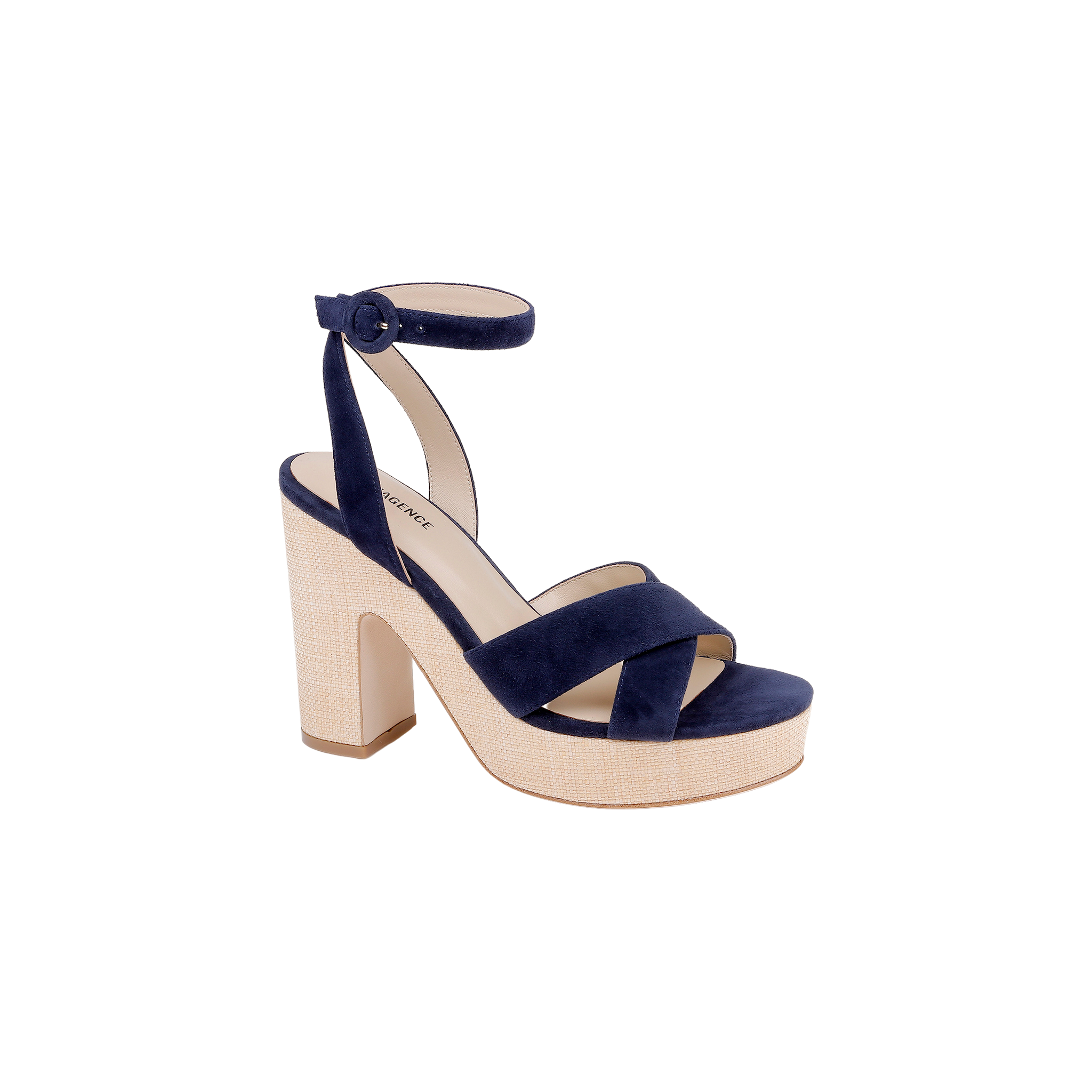 The Sandrine Platform Sandal features navy suede straps, an ankle strap with a buckle, and a chunky beige raffia-wrapped wedge heel for a stylish look.