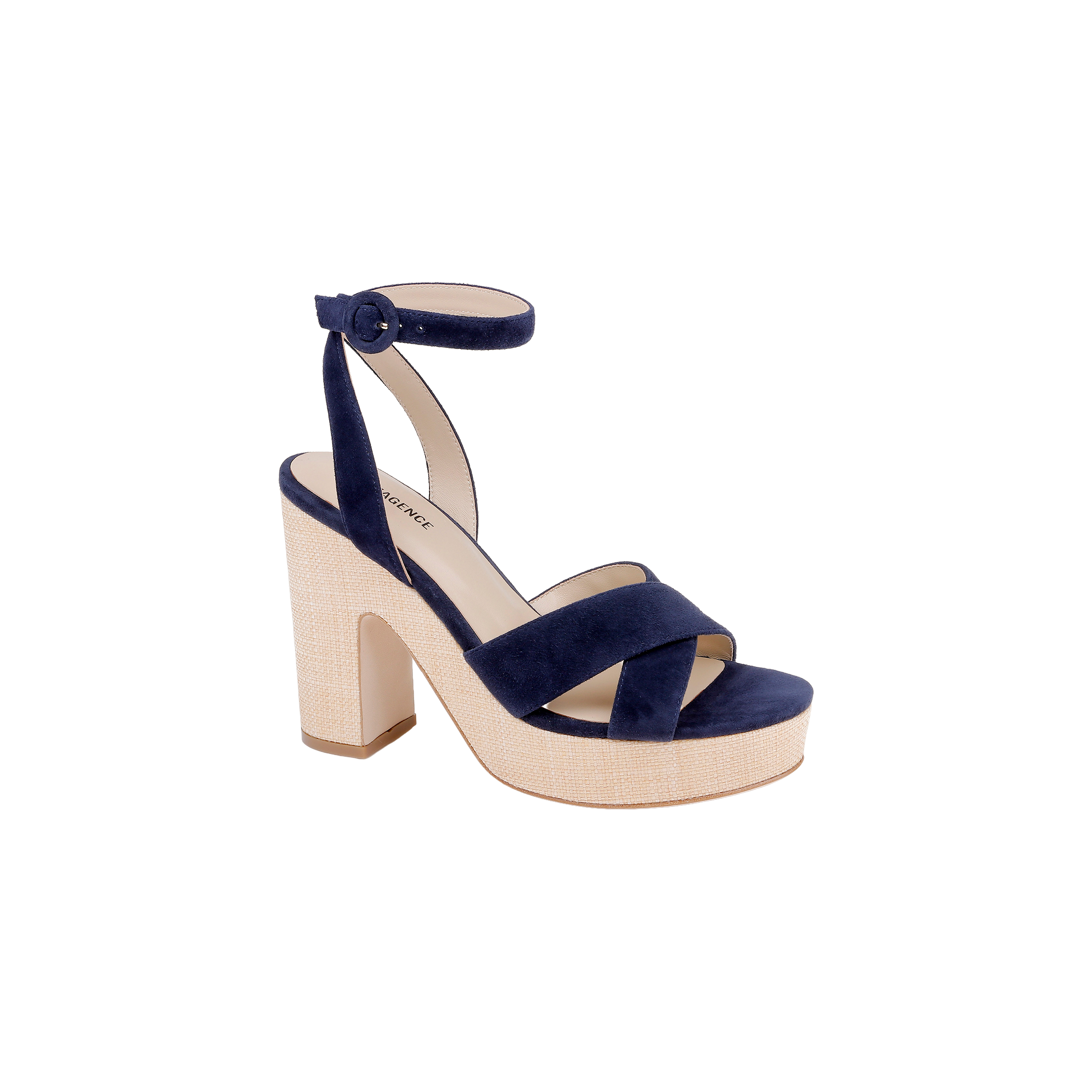 The Sandrine Platform Sandal features navy suede straps, an ankle strap with a buckle, and a chunky beige raffia-wrapped wedge heel for a stylish look.