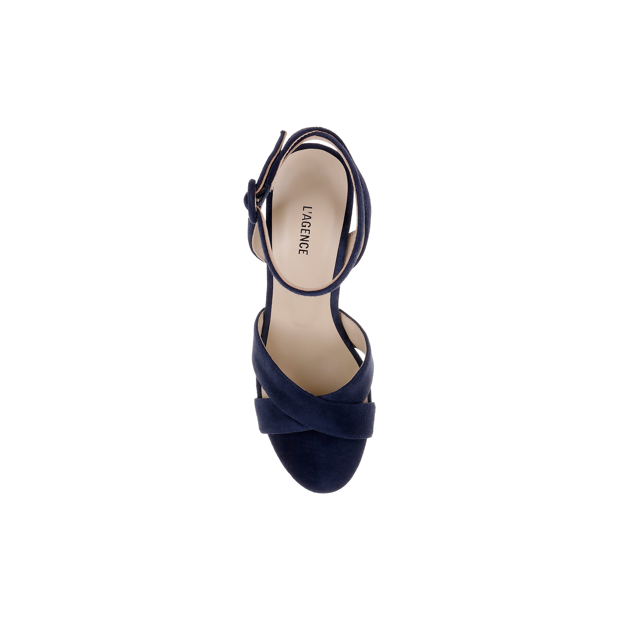 The Sandrine Platform Sandal is a single navy suede heeled sandal with crisscross straps and an ankle buckle, viewed from above on a white background. The beige insole is labeled LAGENCE, while a raffia-wrapped wedge adds natural texture to this sophisticated platform sandal.