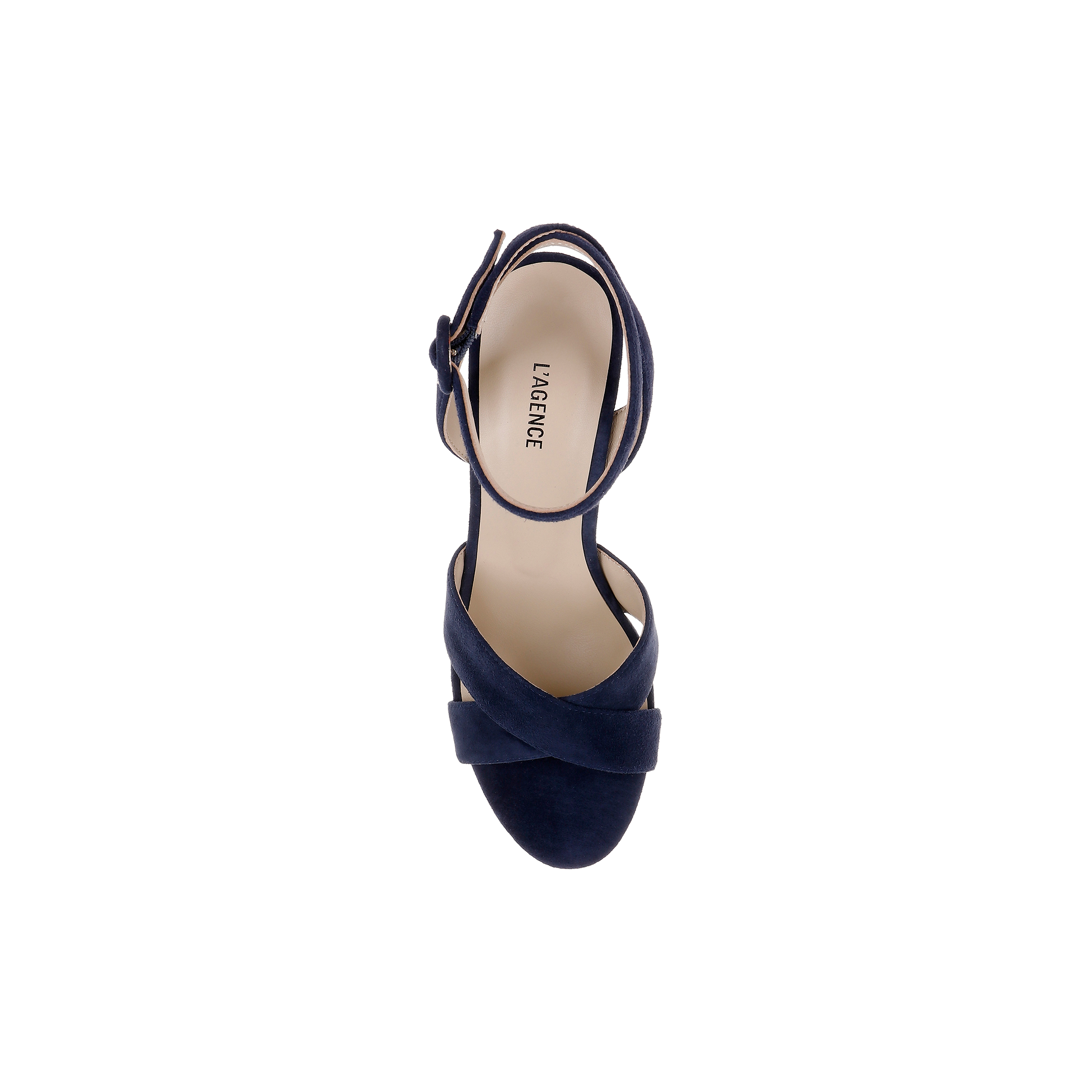 The Sandrine Platform Sandal is a single navy suede heeled sandal with crisscross straps and an ankle buckle, viewed from above on a white background. The beige insole is labeled LAGENCE, while a raffia-wrapped wedge adds natural texture to this sophisticated platform sandal.