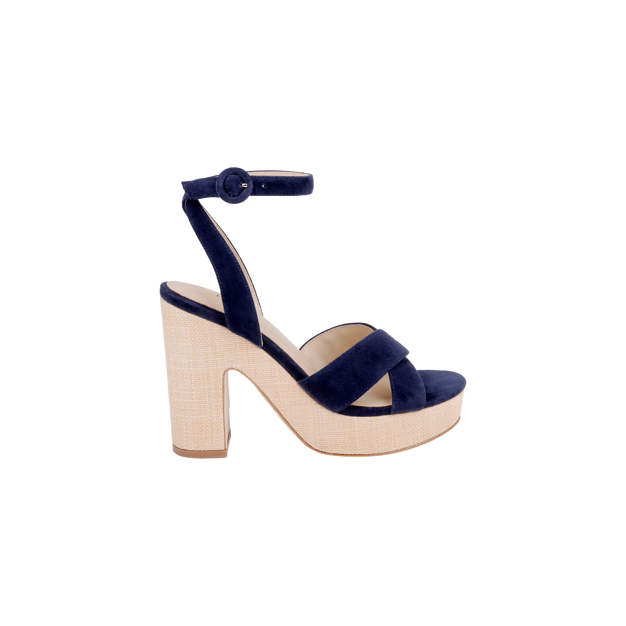 The Sandrine Platform Sandal is a navy blue velvet high-heeled platform sandal featuring wide straps, an ankle buckle, and a contrasting beige raffia-wrapped wedge and block heel, displayed on a plain white background.
